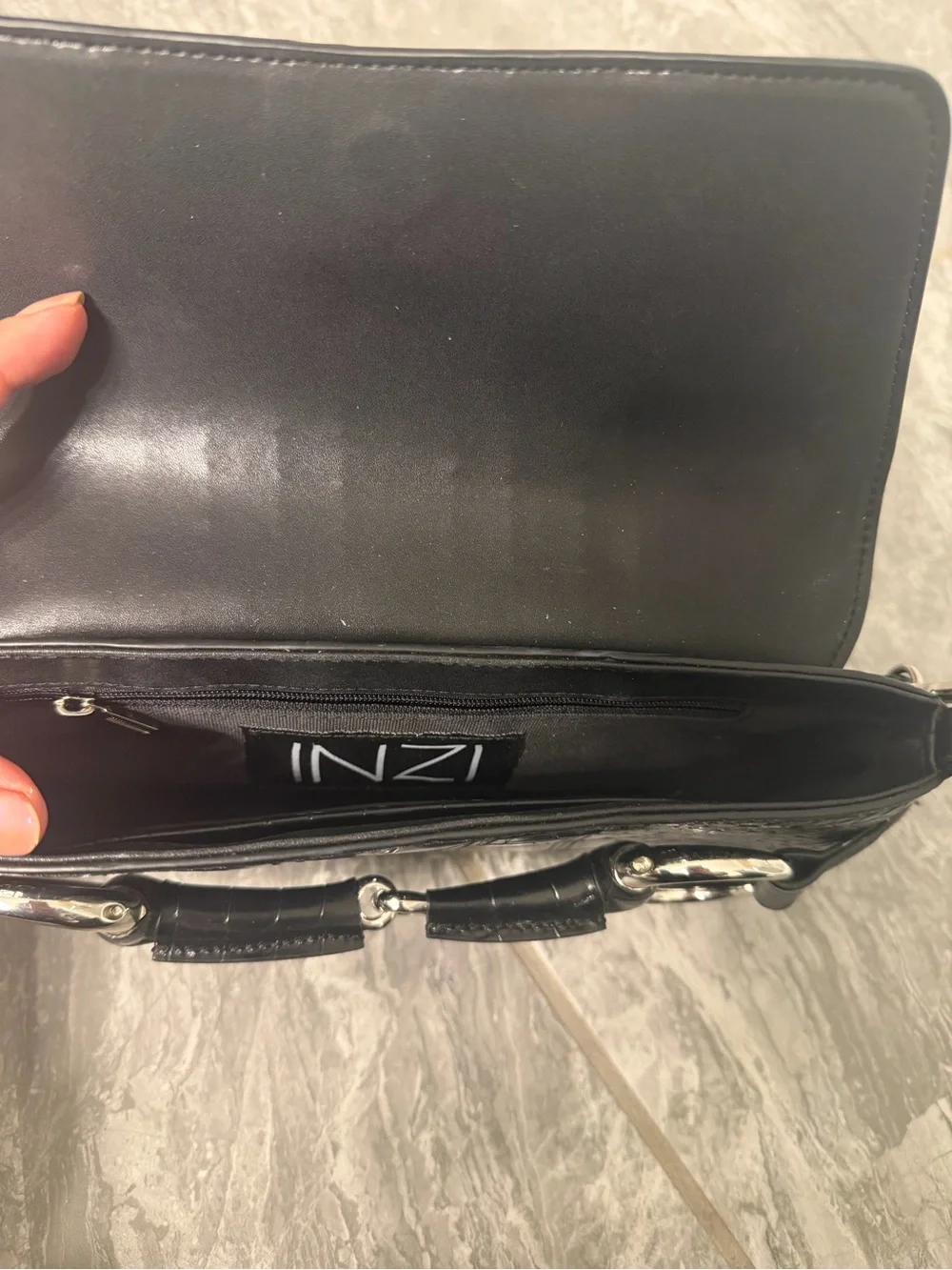 Croc-Embossed Black Leather Clutch with Silver Chain Accent